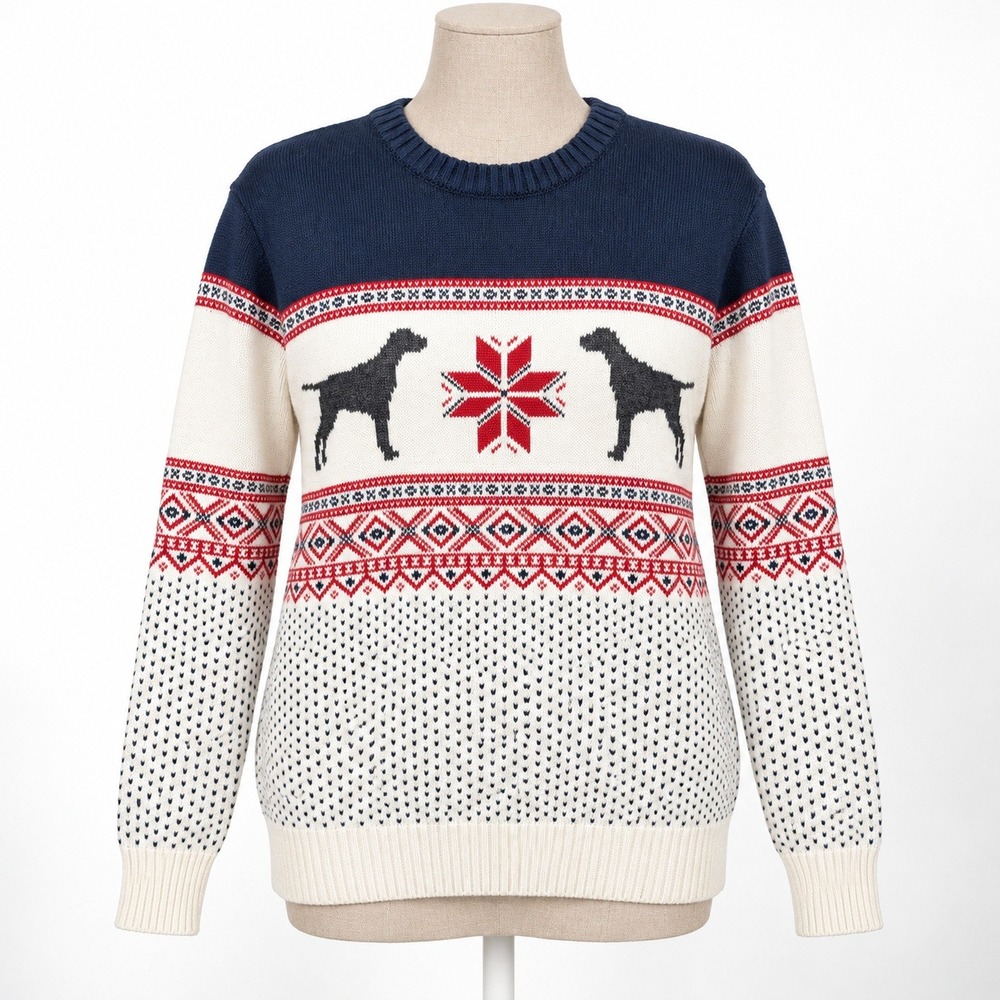 Womens Fair Isle Snowflake Dog Sweater Size M Blue Nordic Holiday Cottagecore